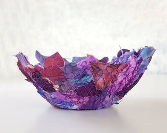 Fabric bowl, gifts for her, round 4" x 2", mixed media art, unique gift, upcycled material, fiber art collage, home decor, container