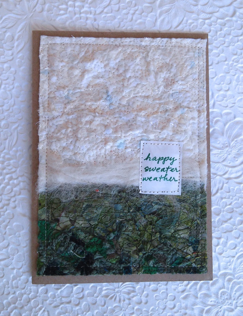 Sweater Weather greeting card, 5 x 7, fiber art, fabric collage on recycled card, blank inside, holiday gift image 4