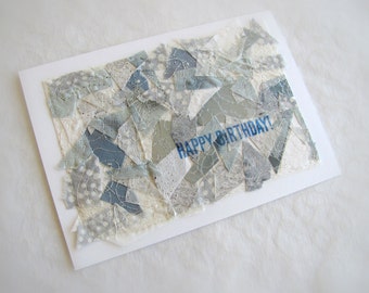 Happy Birthday card, silver birthday, birthday greeting, collage card, 5" x 7", silver and blue, mixed media collage, handcrafted card