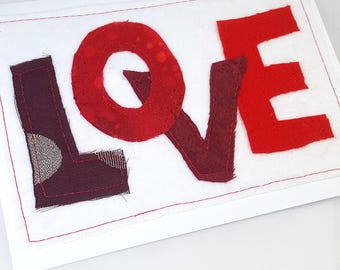 Love, Valentine's Day card, fabric collage, 5" x 7", white blank, greeting card