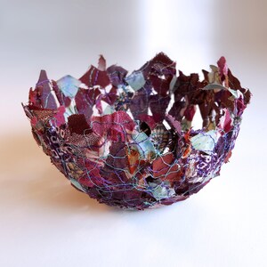 Lace Fabric Bowl: Plum Home Decor, Upcycled Art (4&quot;x3&quot;)