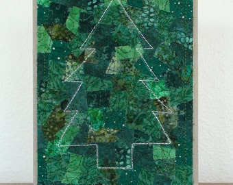 Christmas tree fabric collage greeting card, 5" x 7", recycled paper, blank inside