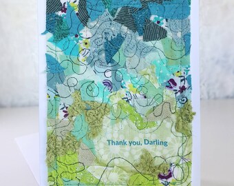 Thank you card, thank you darling, 5" x 7", blue and green on white, blank inside