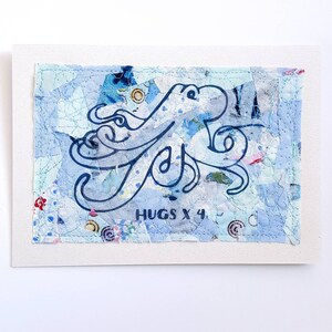 Câlins, support, carte de voeux, pieuvre, 5 "x 7", bleu et vert sur fond blanc, blanc à l’intérieur