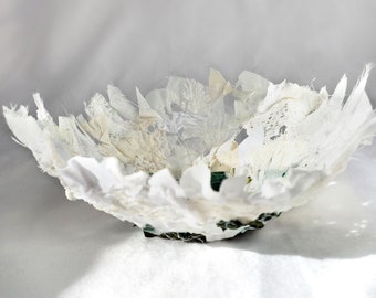 Fabric bowl, round, lace, 6" x 3", green and white, home decor, housewarming gifts, mixed media art, upcycled materials, sculpture