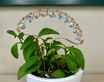 Copper Wire Mushroom Plant Stake with Aurora Borealis Beads