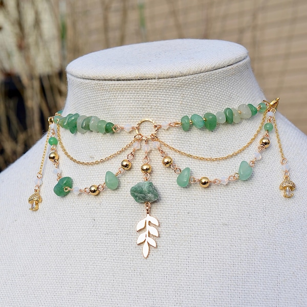 Green Aventurine Choker, Gold Filled Choker Necklace, Cottagecore, Fairycore Necklace, Gold Leaf Charm, Crystal Choker, Stone of Luck