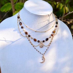 Tiger's Eye Layered Necklace: Gold Filled Celestial Jewelry