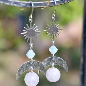 Sterling Silver Earrings, Rose Quartz Stone, Celestial Earrings, Fairycore, Cottagecore, Witchy Jewelry