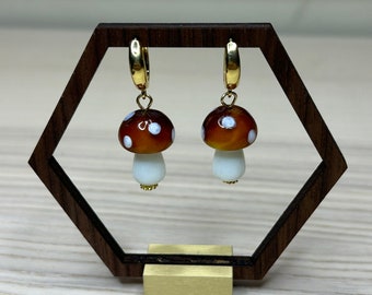 Amber Mushroom Gold Dangle Earrings