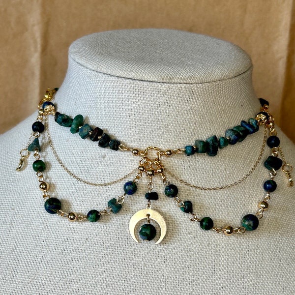 Chrysocolla 14k Gold Filled Choker Necklace, Cottagecore Fairy Necklace, Moon Charm Choker, Moon Charms, Crystal Choker