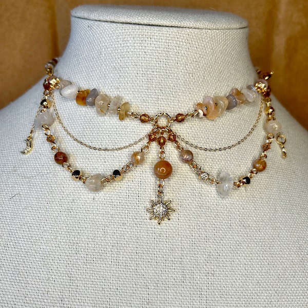 Agate 14k Gold Filled Choker Necklace, Cottagecore Fairy Necklace, Sun Charm Choker, Sun and Moon Charms, Crystal Choker