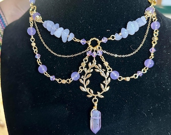 Purple Quartz 14k Gold Filled Choker Necklace, Cottagecore Fairy Necklace, Leaf Charm Choker, Gold Charms, Crystal Choker