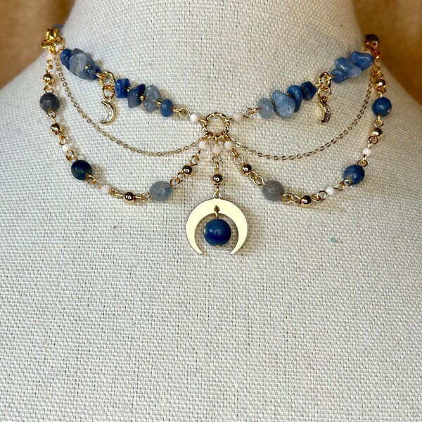 Blue Aventurine 14k Gold Filled Choker Necklace, Cottagecore Fairy Necklace, Moon Charm Choker, Moon Charms, Crystal Choker