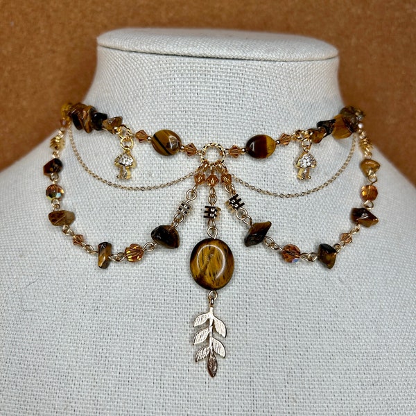 Tiger's Eye 14k Gold Filled Choker: Mushroom Gold Leaf Necklace