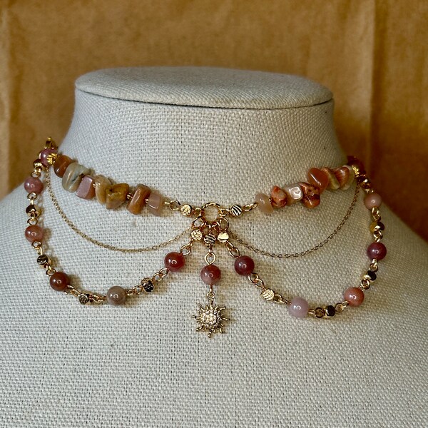 Sunstone 14k Gold Filled Choker Necklace, Cottagecore Fairy Necklace, Sun Charm Choker, Sun and Moon Charms, Crystal Choker