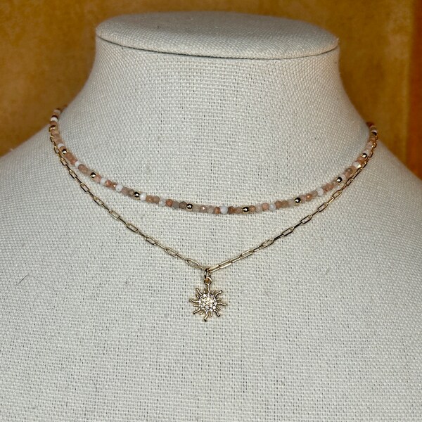 Gold filled Necklace, Moonstone Necklace, Sun Charm Minimalist Necklace, Layering Necklace, boho jewelry, chic jewelry