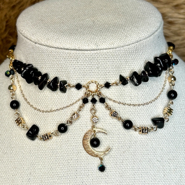 Black Obsidian 14k Gold Filled Choker Necklace, Cottagecore Fairy Necklace, Mushrooms, Moon Necklace