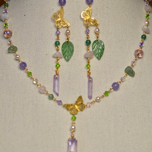 Fairy Necklace and Earring Set, Purple Quartzite, Green Aventurine, Rose Quartz, Cottagecore Necklace, Fairycore Necklace