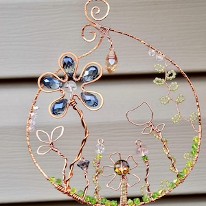 Copper Wire Wildflower Suncatcher: Peridot Crystal Window Decor