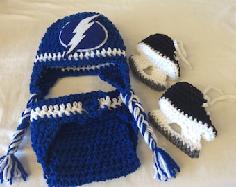 Tampa Bay Lightning Baby Crochet Hockey Earflap Hat, Diaper Cover, and Skate Booties.  FREE SHIPPING