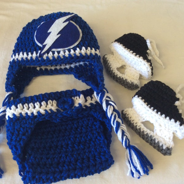 Tampa Bay Lightning Baby Crochet Hockey Earflap Hat, Diaper Cover, and Skate Booties.  FREE SHIPPING