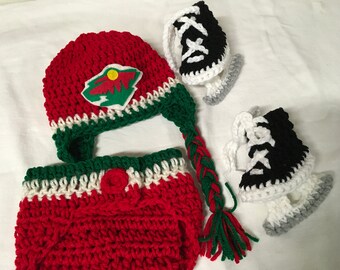 Minnesota Wild  Baby Crochet Hockey Earflap Hat, Diaper Cover, and Skate Bootie . FREE SHIPPING