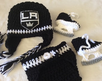 Los Angeles Kings. Baby Crochet Hockey Earflap Hat, Diaper Cover, and Skate Booties. FREE SHIPPING