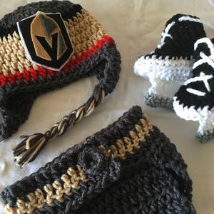 Vegas Golden Knights Baby Crochet Hockey Earflap Hat, Diaper Cover, and Skate Bootie . FREE SHIPPING