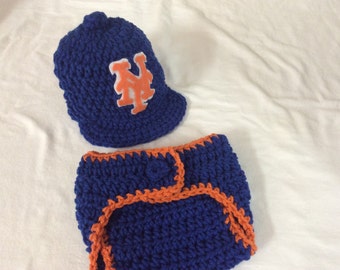 New York Mets Baby Crochet Baseball Cap, and Diaper Cover. FREE SHIPPING