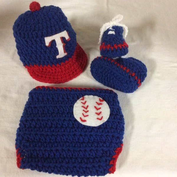 Texas Rangers. Baby Crochet Baseball Cap, Diaper Cover, and Shoes . FREE SHIPPING