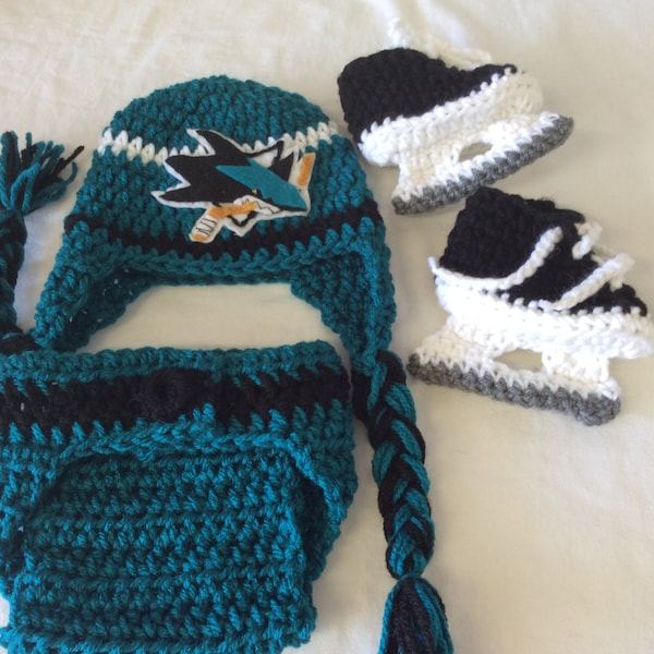 San Jose Sharks Baby Crochet Hockey Earflap Hat, Diaper Cover, and Skate Booties. FREE SHIPPING