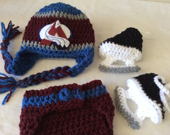 Colorado Avalanche. Baby Crochet Hockey Earflap Hat, Diaper Cover, and Skate Booties . FREE SHIPPING