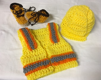 Construction Worker Set - Crochet Baby Outfit , Helmet, Safety Vest, and Shoes - FREE SHIPPING