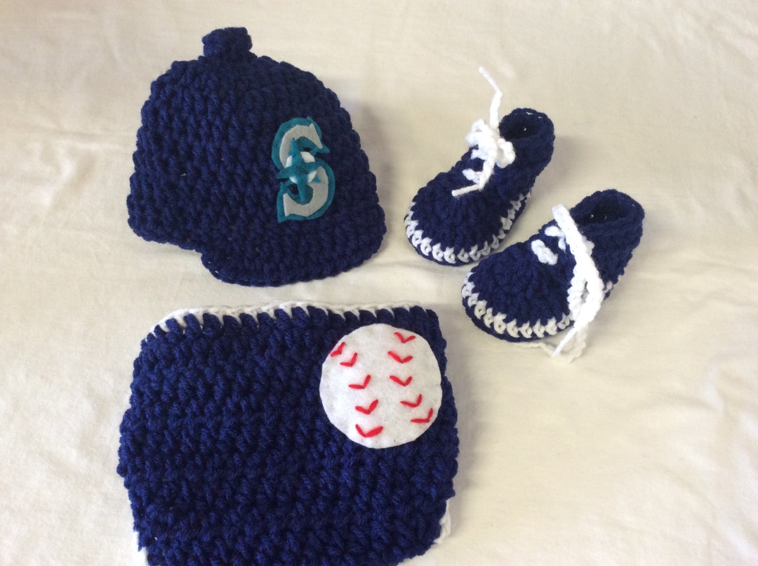Seattle Mariners. Baby Crochet Baseball Cap, Diaper Cover, and Shoes