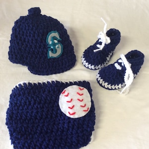 Seattle Mariners. Baby Crochet Baseball Cap,  Diaper Cover, and Shoes . FREE SHIPPING