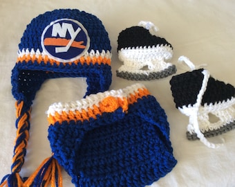 New York Islanders Baby Crochet Hockey Earflap Hat, Diaper Cover, and Skate Booties. FREE SHIPPING