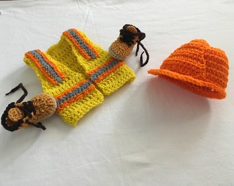 construction worker set -crochet  Baby outfit , Helmet, Safety.  Vest, and Shoes - FREE SHIPPING
