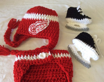 Detroit Red Wings Baby Crochet Hockey Earflap Hat, Diaper Cover, and Skate Booties . FREE SHIPPING