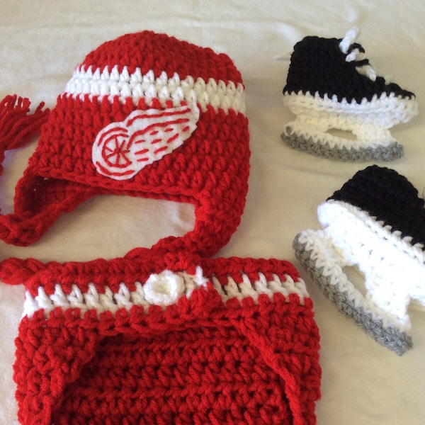 Detroit Red Wings Baby Crochet Hockey Earflap Hat, Diaper Cover, and Skate Booties . FREE SHIPPING