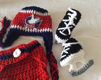 Columbus Blue Jacket -Baby Crochet Hockey Earflap Hat, Diaper Cover, and Skate Booties. FREE SHIPPING