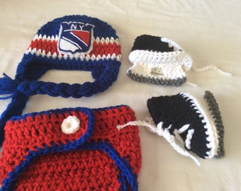 New York Rangers Baby Crochet Hockey Earflap Hat, Diaper Cover, and Skate Booties. FREE SHIPPING