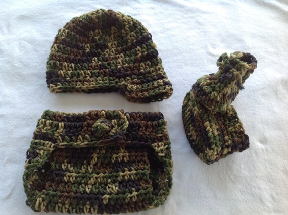 Crochet Baby Army Outfit. Cap Diaper Cover and Boots Camouflage