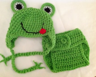 Baby Crochet Frog Hat and Diaper Cover - Green, White, Red, and Black.