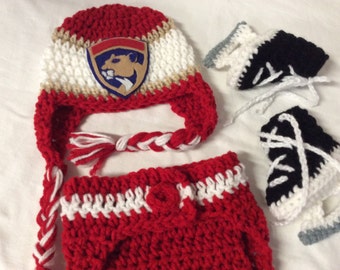 Florida Panthers Baby Crochet Hockey Earflap Hat, Diaper Cover, and Skate Booties . FREE SHIPPING