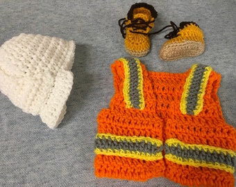 construction worker set -crochet  Baby outfit , Helmet, Safety.  Vest, and Shoes - FREE SHIPPING