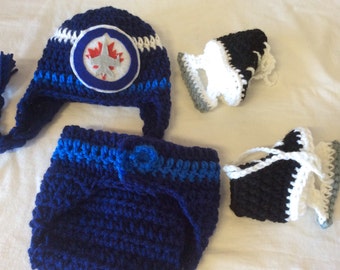 Winnipeg Jets Baby Crochet Hockey Earflap Hat, Diaper Cover, and Skate  Booties. FREE SHIPPING