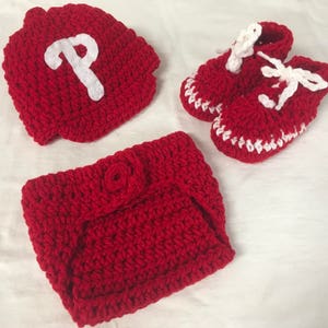 Philadelphia Phillies Baby Crochet Baseball Cap,  Diaper and Booties