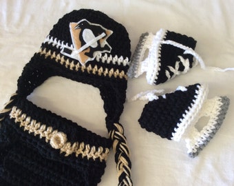 Pittsburgh Penguins Baby Crochet Hockey Earflap Hat, Diaper Cover, and Skate Booties. FREE SHIPPING