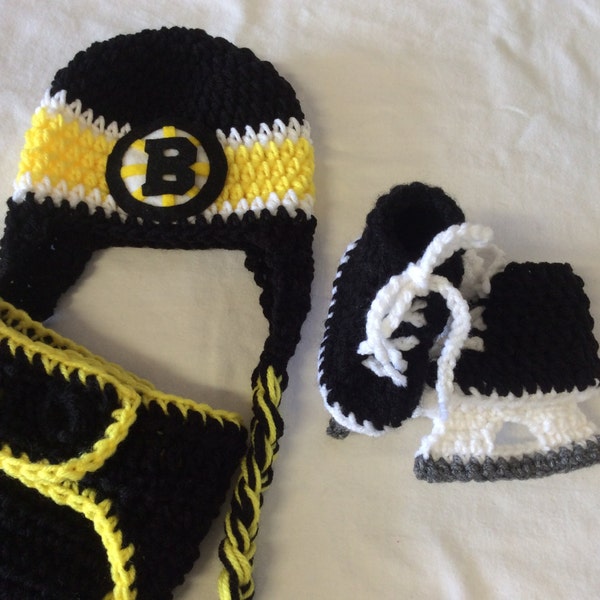 Boston Bruins. Baby Crochet Hockey Earflap Hat, Diaper Cover, and Skate Booties. FREE SHIPPING